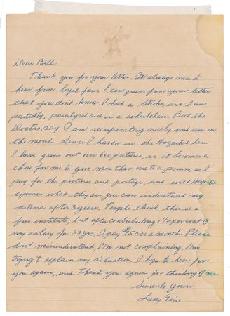 Lot #1221 Three Stooges: Larry Fine: ?People think this is a free institute, but after contributing 1-1/2 percent of my salary for 33 yrs. I pay $750.00 a month? - Image 2