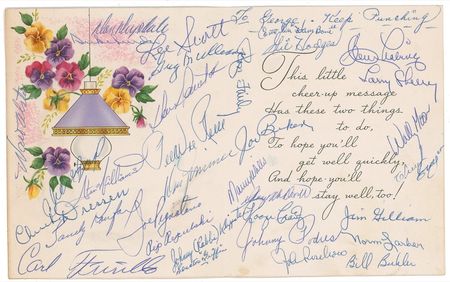 Lot #1427 Los Angeles Dodgers: A very young Koufax, Drysdale, and ‘The Duke’ send get well wishes to “Ham Bone” - Image 1