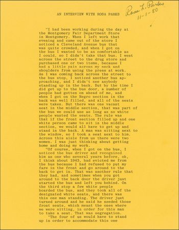 Lot #290 Rosa Parks: “When the policemen got on the bus...I asked him, ‘Why do you push us around?’” - Image 1