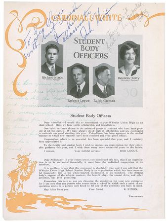 Lot #98 Richard Nixon: Original Nixon high school yearbook, signed later to a classmate - Image 2