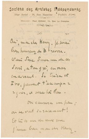 Lot #559 Paul Signac Handwritten Letter Signed - Image 1
