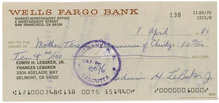 Lot #276 Mother Teresa Check - Image 1