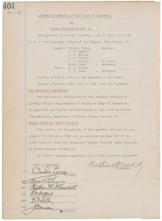 Lot #204 Thomas Edison: Edison approves two pages of minutes from a 1920 meeting of Edison Storage Battery Co. - Image 1