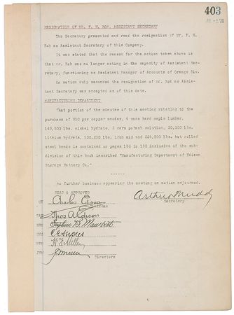Lot #204 Thomas Edison: Edison approves two pages of minutes from a 1920 meeting of Edison Storage Battery Co. - Image 2