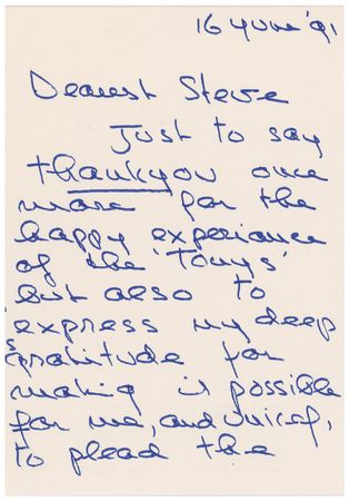 Lot #1027 Audrey Hepburn: Audrey sends thanks regarding her Tony appearance and UNICEF mention, and asks for forgiveness for skipping the dinner “but sometimes will-power is not enough” - Image 2