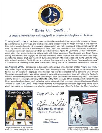 Lot #409 Apollo 14: Edgar Mitchell: Unique flight-flown ?Earth Our Cradle? beta cloth - Image 2