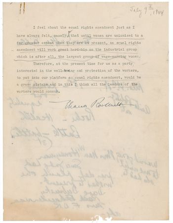 Lot #112 Eleanor Roosevelt: An incredible ?bombshell? of an admission: ?To put into our platform an equal rights amendment, would be a grave mistake? - Image 1
