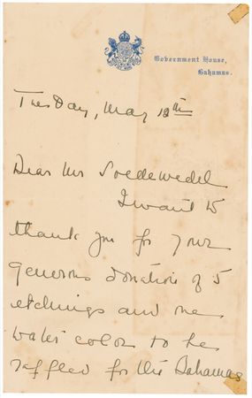 Lot #328 Wallis, Duchess of Windsor: “I want to thank you for your generous donation of 5 etchings and one watercolor to the raffle for the Bahamas Red Cross Survivors Fund” - Image 1