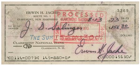 Lot #527 J. D. Salinger: A rare endorsed check, payment for logging done on his secretly reclusive property - Image 2
