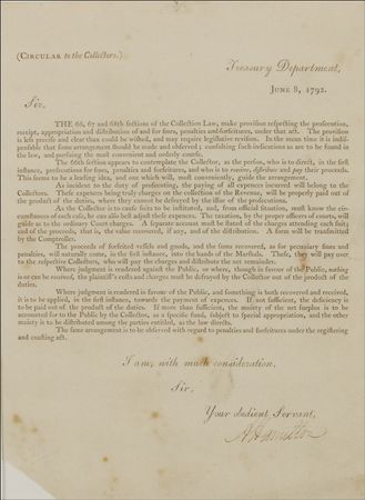 Lot #211 Alexander Hamilton: “The proceeds of forfeited vessels and goods, and the sums recovered, as for pecuniary fines and penalties, will naturally come, in the first instance, into the hands of the Marshals.” - Image 2