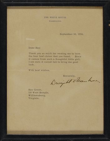 Lot #30 Dwight D. Eisenhower: Ike thanks a “thoughtful little girl” for a four-leaf clover“I am sure it cannot fail to bring me good luck” - Image 1