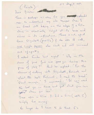 Lot #860 Richard Burton: Seething over the film Ash Wednesday, Burton calls Elizabeth Taylor a “stupid…maniac” and assesses the picture as “a f**king lousy nothing bloody film. The critics are going to crucify her…There is absolutely no way out” - Image 1