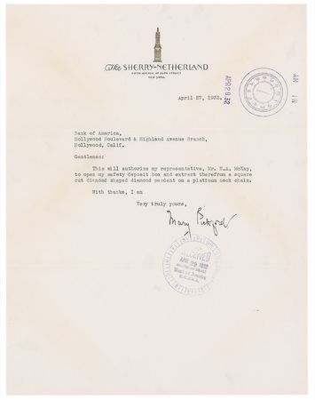 Lot #1094 Mary Pickford: “Open my safety deposit box and extract therefrom a square cut diamond shaped diamond pendant” - Image 2
