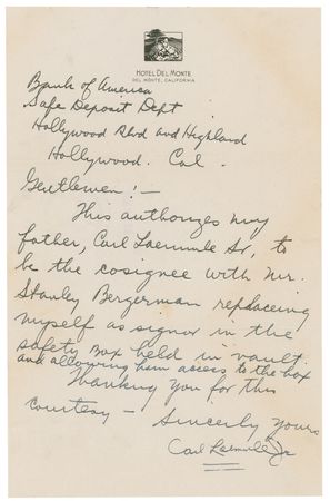 Lot #1021 Carl Laemmle Sr and Jr: “This authorizes my father, Carl Laemmle Sr. ... access to the box” - Image 1