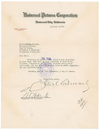 Lot #1021 Carl Laemmle Sr and Jr: “This authorizes my father, Carl Laemmle Sr. ... access to the box” - Image 2