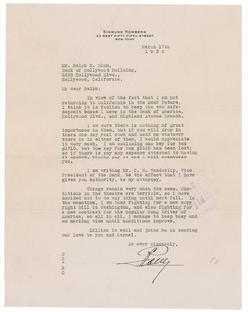 Lot #1126 Sig Romberg: ?Conditions in the theatre are terrible, so I have decided not to do anything until next fall. In the meantime, I am busy fighting for a new copy right bill in Washington? - Image 1