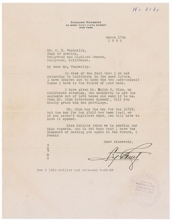 Lot #1126 Sig Romberg: ?Conditions in the theatre are terrible, so I have decided not to do anything until next fall. In the meantime, I am busy fighting for a new copy right bill in Washington? - Image 2
