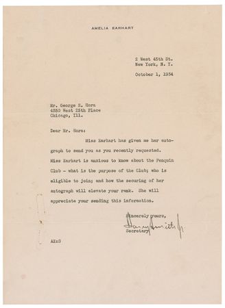 Lot #387 Amelia Earhart: “Miss Earhart is anxious to know about the Penquin Club...and how the securing of her autograph will elevate your rank” - Image 2