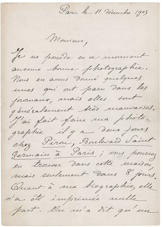Lot #173 Marie Curie: One day after being awarded her 1903 Nobel Prize, Marie Curie provides an autobiographical statement in reply to a flood of media requests: ?I have published...a dissertation 'On radioactive substances? which I presented as a Thesis' - Image 1