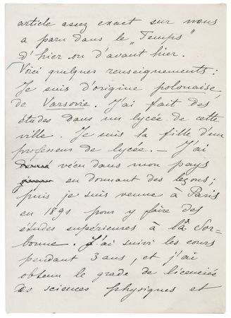 Lot #173 Marie Curie: One day after being awarded her 1903 Nobel Prize, Marie Curie provides an autobiographical statement in reply to a flood of media requests: ?I have published...a dissertation 'On radioactive substances? which I presented as a Thesis' - Image 2
