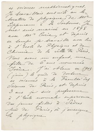 Lot #173 Marie Curie: One day after being awarded her 1903 Nobel Prize, Marie Curie provides an autobiographical statement in reply to a flood of media requests: ?I have published...a dissertation 'On radioactive substances? which I presented as a Thesis' - Image 3