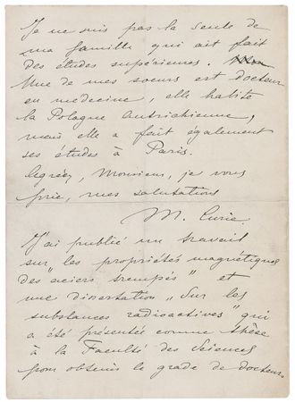Lot #173 Marie Curie: One day after being awarded her 1903 Nobel Prize, Marie Curie provides an autobiographical statement in reply to a flood of media requests: ?I have published...a dissertation 'On radioactive substances? which I presented as a Thesis' - Image 4