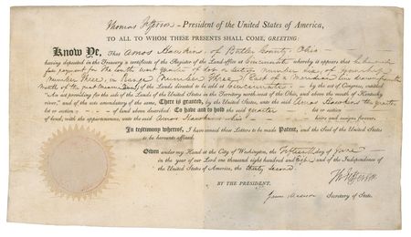 Lot #57 Thomas Jefferson and James Madison: The United States’ third and fourth presidents boldly sign an Ohio land grant - Image 1