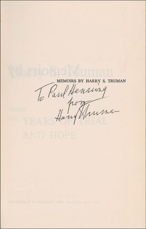 Lot #135 Harry S. Truman: Truman signs his memoirs for Beverly Hillbillies producer Paul Henning - Image 1
