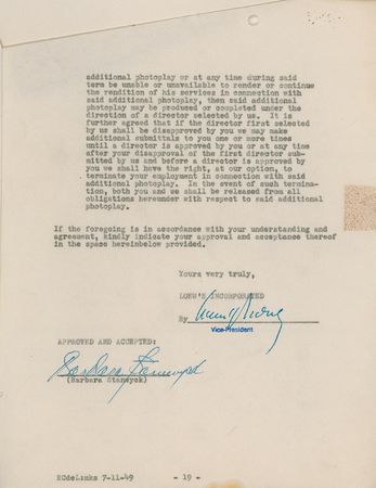 Lot #1226 Barbara Stanwyck Signed Document - Image 1