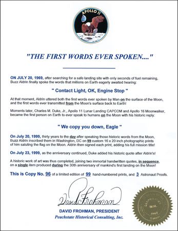 Lot #492 Apollo 11: Aldrin and Duke First Words Spoken Ltd Edition Print - Image 2
