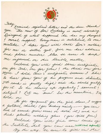 Lot #1143 Bruce Lee: In a letter brimming with martial arts references, Lee subtly predicts the Green Hornet series will 