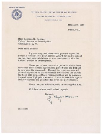 Lot #282 J. Edgar Hoover: Hoover honors an FBI employee on her 25th anniversary - Image 2