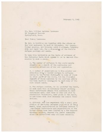 Lot #140 Eleanor Roosevelt: Foreseeing the events of the Holocaust, Mrs. Roosevelt appeals to a Massachusetts bishop to help Jewish refugees early in 1941 - Image 1