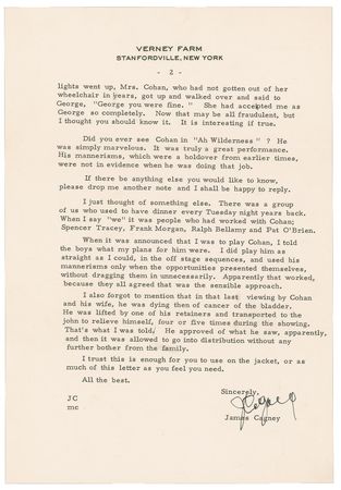 Lot #1026 James Cagney: Cagney?s memories of playing George M. Cohan in Yankee Doodle Dandy: ?I met him once when he was casting a play. I was in and out in a great hurry, Cohan holding I was not the type he was looking for? - Image 2