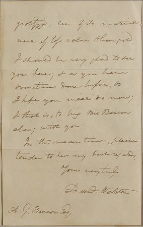 Lot #383 Daniel Webster: ?I should be very glad to see you here...bring Mrs. Benson along with you? - Image 2