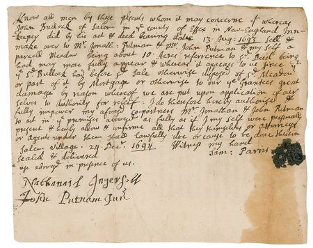 Lot #352 Salem Witch Trials: Salem Witchcraft?including a document signed by Samuel Parris?an invaluable piece of New England history! - Image 4