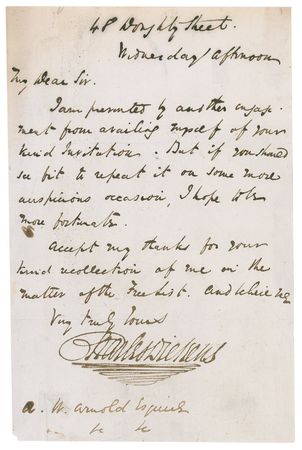 Lot #671. Charles Dickens: The author of David Copperfield kindly declines an invitation: &ldquo;But if you should see fit to repeat it on some more auspicious occasion, I hope to be more fortunate&rdquo;