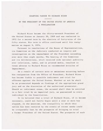 Lot #47 Gerald Ford: ?I, Gerald R. Ford, President of the United States?do grant a full, free, and absolute pardon unto Richard Nixon? - Image 1