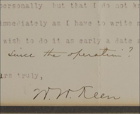 Lot #295 William Keen: The pioneering brain surgeon prepares a paper: “Will you be good enough to tell me what discomforts, pains etc. were produced” - Image 2