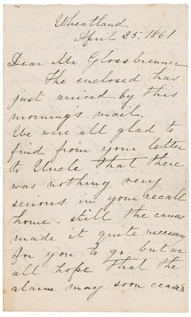 Lot #98 Harriet Lane: Outgoing ?First Lady?s? first-person account to fear gripping the country in April 1861??the causes made it quite necessary for you to go but we all hope that the alarm may soon cease? - Image 1