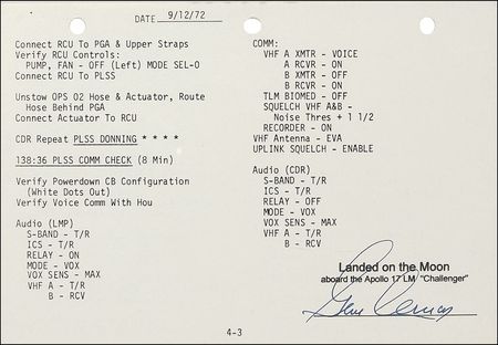 Lot #507 Apollo 17: Gene Cernan: Apollo 17 ?Lunar Surface Checklist? page for comm checks prior to walking on the moon - Image 2