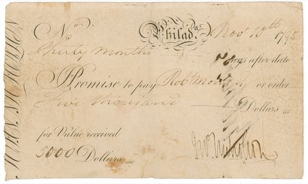 Lot #228 Declaration of Independence: Robert Morris: The Pennsylvania Signer endorses a $5000 promissory note - Image 1