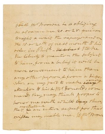 Lot #111 James Monroe: The day after heading to Washington as a US senator from Virginia, Monroe looks to borrow “20 or 25 guineas tonight & wait the repayment...next month” - Image 1