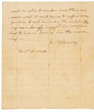 Lot #111 James Monroe: The day after heading to Washington as a US senator from Virginia, Monroe looks to borrow “20 or 25 guineas tonight & wait the repayment...next month” - Image 2
