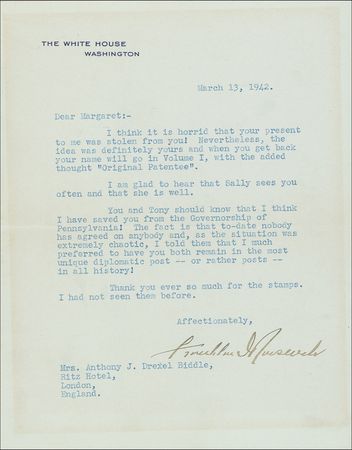 Lot #151 Franklin D. Roosevelt: In an important letter sealed with a very rare presidential red wax seal, FDR endorses Ambassador Biddle for ?the most unique diplomatic...posts in all history? - Image 1