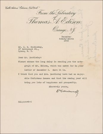 Lot #248 Thomas Edison: Desirable and eye-catching Edison ?umbrella? signature - Image 2