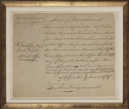 Lot #257 Benjamin Franklin: A week after his state ratifies the Constitution in 1787, Pennsylvania President Benjamin Franklin certifies a brig - Image 2