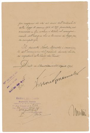 Lot #323 Benito Mussolini and Vittorio Emanuele III Signed Document - Image 2