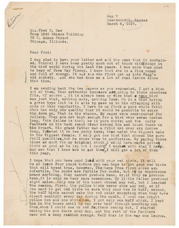 Lot #361 Robert Stroud: In a letter brimming with avian content, ?The Birdman? notes: ?My little fellow produced eight males. Only one of the bunch showed any red? - Image 1
