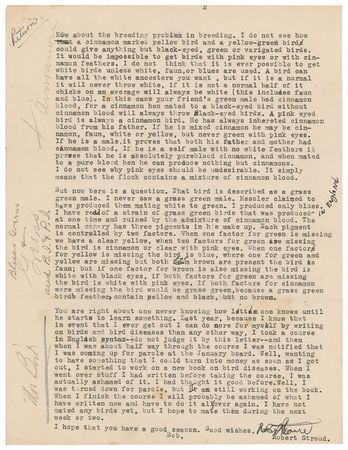 Lot #361 Robert Stroud: In a letter brimming with avian content, ?The Birdman? notes: ?My little fellow produced eight males. Only one of the bunch showed any red? - Image 2